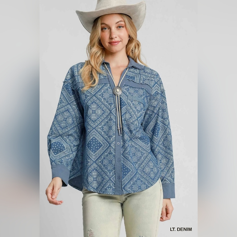 NWT Umgee Paisley Print Denim Shirt Jacket, Womens Medium Oversized Cotton Blend - Picture 1 of 10